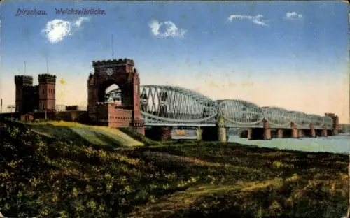 Ak Tczew Dirschau Pommern, Weichselbrücke,  Flusslandschaft,  Brücke