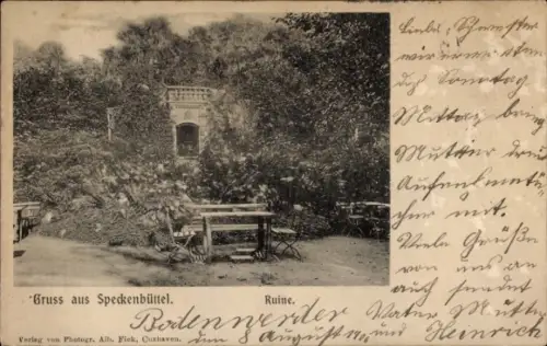 Ak Speckenbüttel Lehe Bremerhaven, Gruss aus  Ruine, Gartenmöbel, Natur