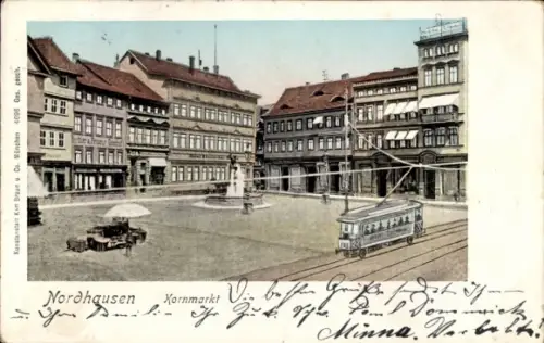 Ak Nordhausen am Harz,  Xornmarkt, Straßenbahn, Brunnen,  Gebäude