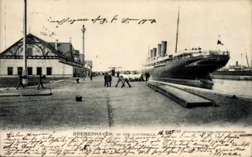 Ak Bremerhaven, Schiff im Hafen, Lloydhalle,  