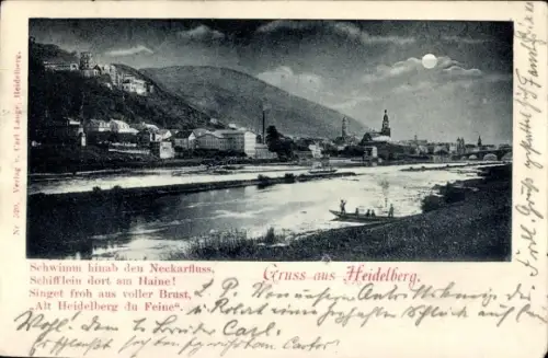 Ak Heidelberg am Neckar, Stadtansicht im Mondschein, Gedicht