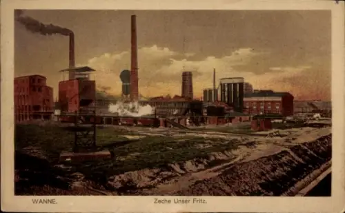 Ak Unser Fritz Wanne Herne im Ruhrgebiet, Industrieanlage, Zeche Unser Fritz,  rauchende Schornst