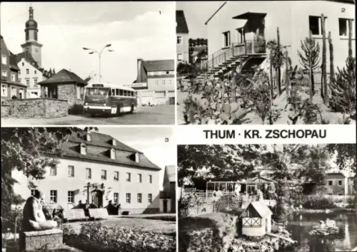 Ak Thum im Erzgebirge Sachsen, Markt, Bus, Rathaus, Tiergehege, Kakteengarten am Kulturhaus