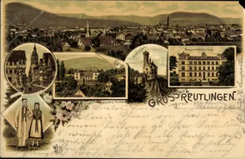 Litho Reutlingen in Württemberg, Panorama, Frauenarbeitsschule, Lichtenstein, Institut, Tracht
