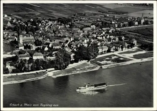 Ak Erbach im Rheingau Eltville am Rhein Hessen, Luftaufnahme von  Schiff auf dem Wasser, ländlich