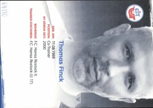 Autogrammkarte Co Trainer Thomas Finck, FC Hansa Rostock, Autogramm