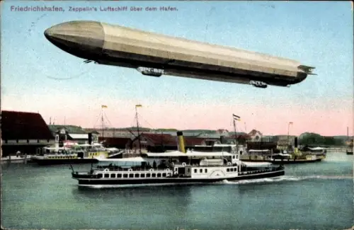Ak Friedrichshafen am Bodensee, Zeppelin, Luftschiff, Dampfer