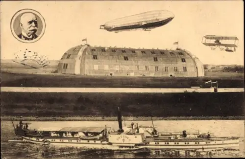 Ak Dresden Kaditz, Luftschiffhalle, Zeppelin, Luftschiff, Dampfer Dresden