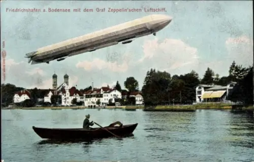Ak Friedrichshafen am Bodensee, Zeppelin, Ruderboot, Blick auf den Ort