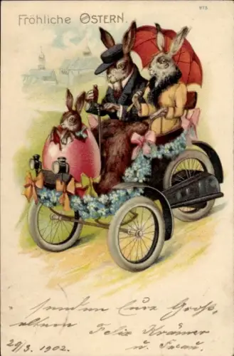 Litho Glückwunsch Ostern, Vermenschlichte Osterhasen, Familie im Automobil