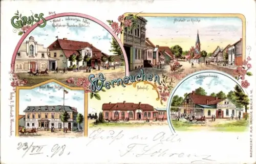 Litho Werneuchen im Kreis Barnim, Kirche, Altstadt, Bahnhof, Hotel zum schwarzen Adler