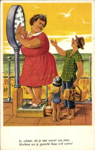 Ak Eine dicke Frau steht auf einer Waage