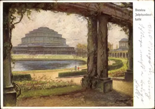 Ak Wrocław Breslau Schlesien, Jahrhunderthalle, schöner Park, Teich,  Architektur
