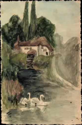 Handgemalt Ak Haus, Schwäne, Teich