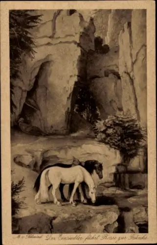 Künstler Ak Einsiedler führt Rosse zur Tränke