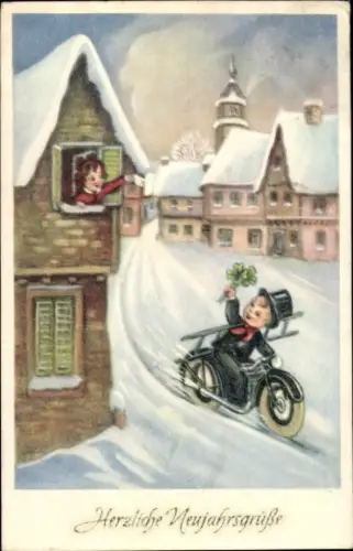 Ak Glückwunsch Neujahr, Schornsteinfeger auf einem Motorrad