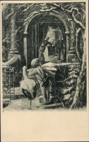 Ak Engel mit Storch, Paar, Wohnhaus