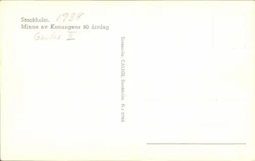 Ak Stockholm, Minne av Konungens 80 arsdag 1938, Gustaf V