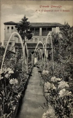 Ak Granada Andalusien Spanien, Granada Generalife, Garten mit Blumen, Springbrunnen, Eingang