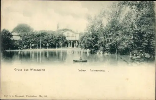Ak Wiesbaden in Hessen, Gruss aus  Curhaus Gartenansicht, Boot auf dem Wasser