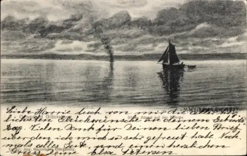 Künstler Ak Glücksburg an der Ostsee, stiller Abend auf der Föhrde, Segelboot