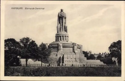 Ak Hamburg Mitte St. Georg, Bismarck-Denkmal,  Statue, Höhe 36 m, Figur 15 m, Details zur Statue