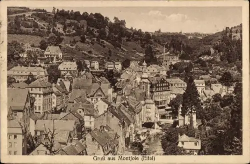 Ak Monschau Montjoie in der Eifel, Stadtansicht, Häuser, Hügel, Bäume, Gruß aus Montjoie (Eifel)