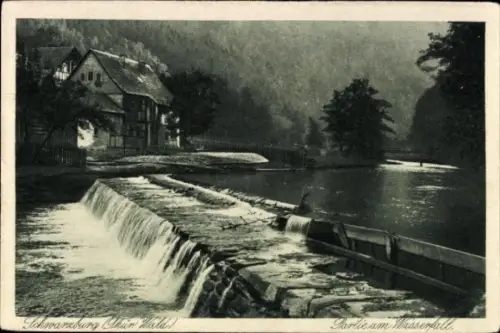 Ak Schwarzburg in Thüringen, Schwarzburg, Wasserfall, Fluss, Gebäude, Wald
