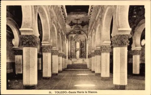 Ak Toledo Kastilien La Mancha Spanien, Innenansicht von Santa María la Blanca, Säulen, Bögen, Kre