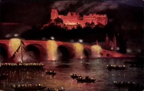 Ak Heidelberg am Neckar, Heidelberger Schloss, beleuchtet, Brücke, Boote auf dem Wasser, nächtlic