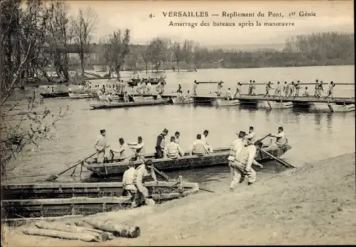 Ak Versailles Yvelines, Boote am Ufer, Soldaten bei der Arbeit, Wasserlandschaft