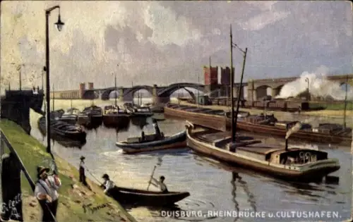 Ak Homberg Ruhrort Duisburg im Ruhrgebiet,  Rheinbrücke, Cultushafen, Schiffe, Wasser, Hafen