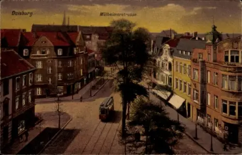 Ak Duisburg im Ruhrgebiet,  Mülheimerstraße, Straßenbahn, Häuser, Bäume