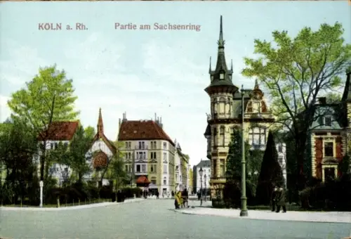 Ak Köln am Rhein, Köln am Sachsenring, Bäume, Gebäude, Straße, Menschen