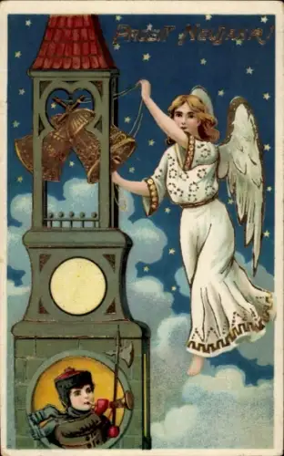 Ak Glückwunsch Neujahr, Engel, Glocken, Nachtwächter