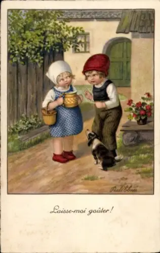 Künstler Ak Ebner, Pauli, Junge und Mädchen, Hund, Korb