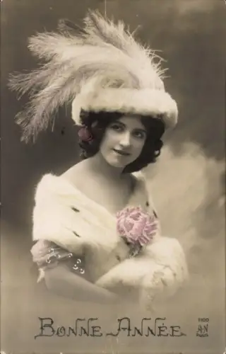 Ak Glückwunsch Neujahr, Frau-Porträt, Hut mit Federn