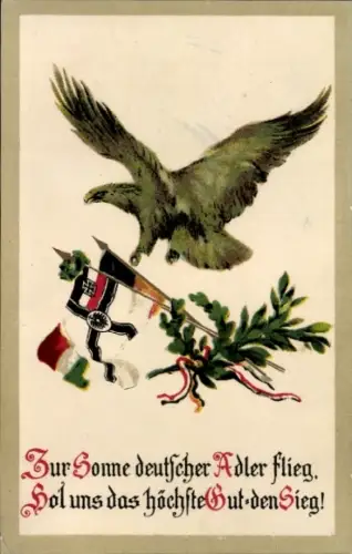 Ak Adler, Fahnen, Zur Sonnen deutscher Adler flieg...