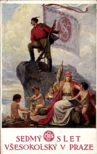 Künstler Ak Praha Prag, sedmy slet vsesokolsky, Mann mit Bajonett, Frau, nackte Kinder
