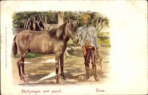 Künstler Ak Java Indonesien, Staljongen met paard