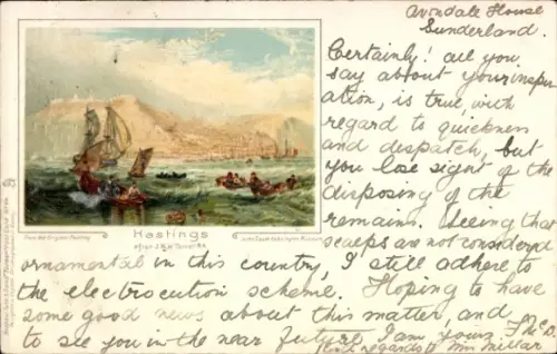 Litho Hastings East Sussex England, Brandung, Boote