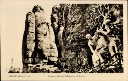 Ak Montserrat Katalonien, Felsen, Statuen, religiöse Darstellungen, Montserrat