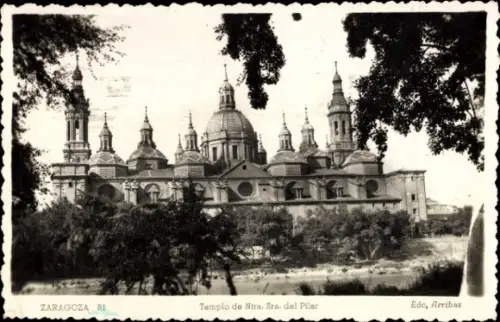 Ak Zaragoza Saragossa Aragonien,  Templo de Ntra. Sra. del Pilar, schwarz-weiß, Bäume im Vordergr