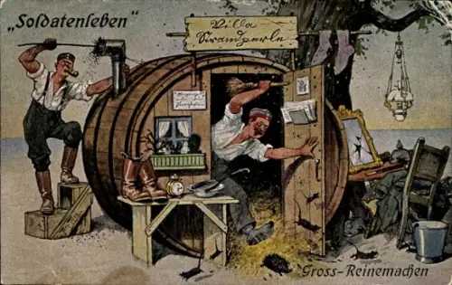 Künstler Ak Thiele?, Arthur, Soldatenleben, Großreinemachen, Villa Strandperle