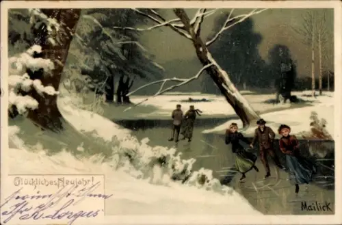 Künstler Ak Mailick, Glückwunsch Neujahr, Eislauf