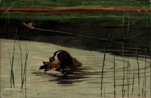 Künstler Ak Mailick, Jagdhund mit Ente