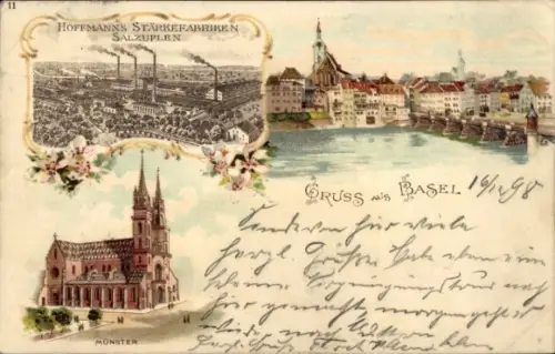 Litho Basel Stadt Schweiz, Teilansicht, Münster, Hoffmann's Stärkefabriken Bad Salzuflen