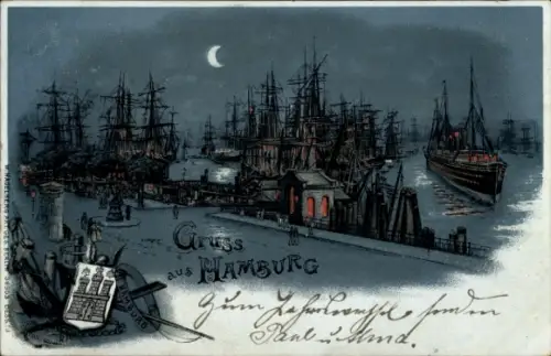 Wappen Litho Hamburg, Hafen bei Nacht