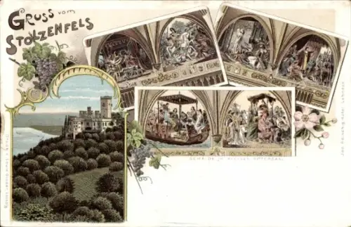 Litho Stolzenfels Koblenz am Rhein, Burg, Innenansichten, Gemälde im Rittersaal