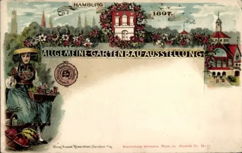 Litho Hamburg Mitte Altstadt, Allgemeine Gartenbau-Ausstellung 1897
